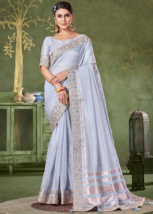 Blue Gotta Patti Work Saree In Linen