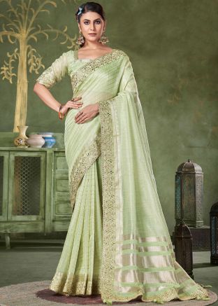 Green Embroidered Saree In Linen