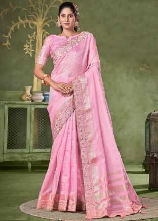 Pink Embroidered Linen Saree