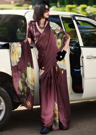 Purple Floral Print Saree In Satin
