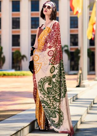 Cream Satin Saree In Digital Print
