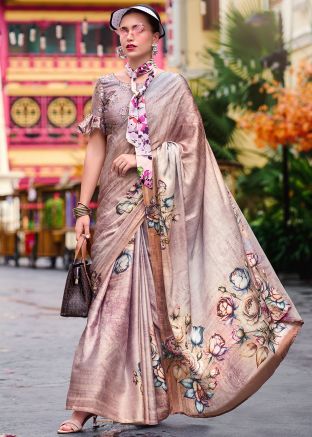 Beige Floral Print Saree In Satin