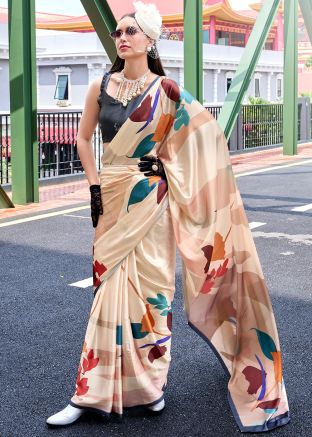 Cream Satin Saree In Digital Print