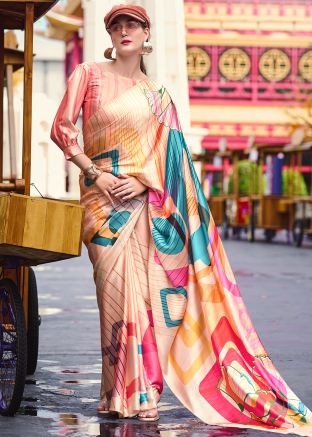 Cream Satin Saree In Digital Print