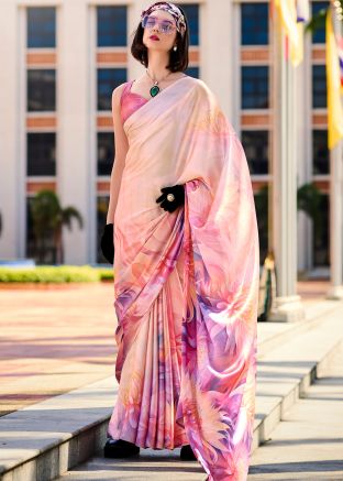 Pink Floral Print Saree In Satin