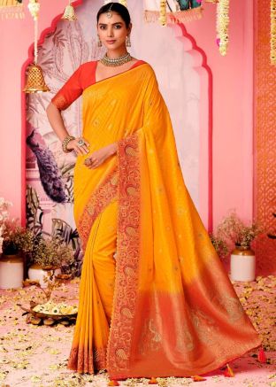 Yellow Art Silk Zari Woven Saree