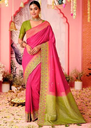 Pink Zari Woven Saree With Blouse
