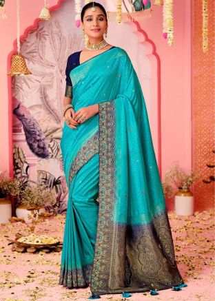 Blue Zari Woven Saree With Blouse