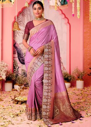 Lavender Art Silk Woven Saree & Blouse
