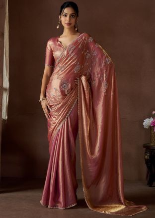 Peach Stone Work Saree In Silk