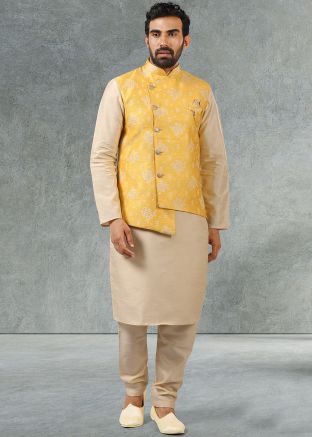 Light Beige Readymade Kurta Pyjama With Yellow Jacket