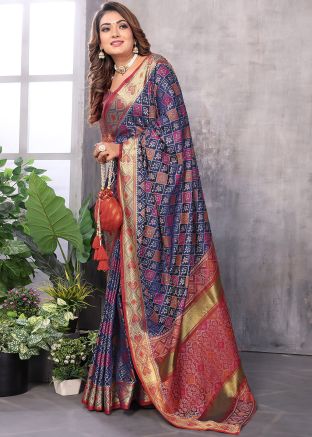 Blue Patola Print Saree In Art Silk