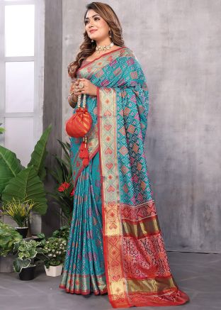 Blue Patola Print Saree In Art Silk