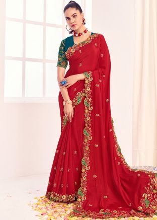 Red Embroidered Silk Saree With Blouse