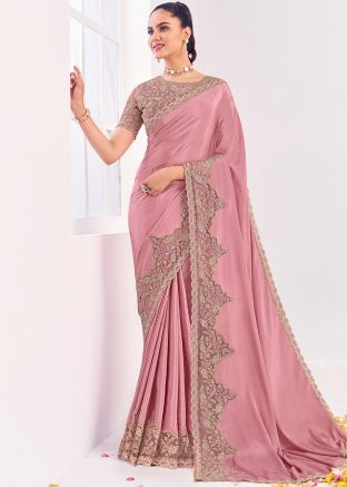 Pink Zari Embroidered Border Silk Saree