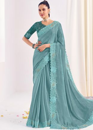 Powder Blue Embroidered Silk Saree