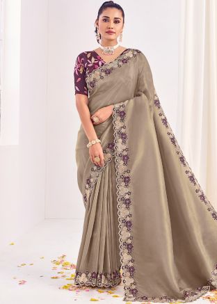Grey Silk Saree In Thread Embroidery