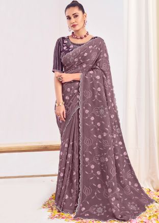 Mauve Purple Embroidered Saree In Silk