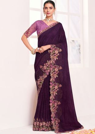 Purple Embroidered Silk Saree & Blouse