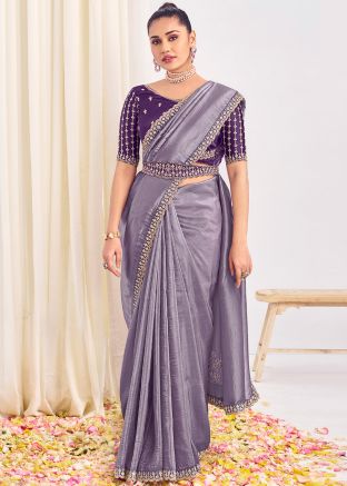 Purple Embroidered Saree With Belt