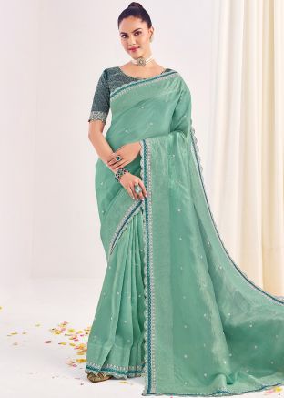 Turquoise Embroidered Saree With Blouse