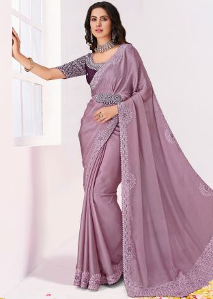 Mauve Purple Silk Saree In Dori Embroidery