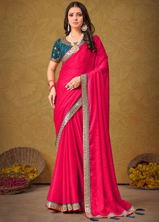 Pink Zari Embroidered Art Silk Saree