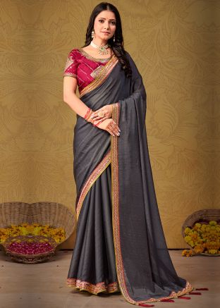 Grey Art Silk Embellished Saree