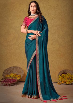 Teal Blue Embroidered Saree In Art Silk