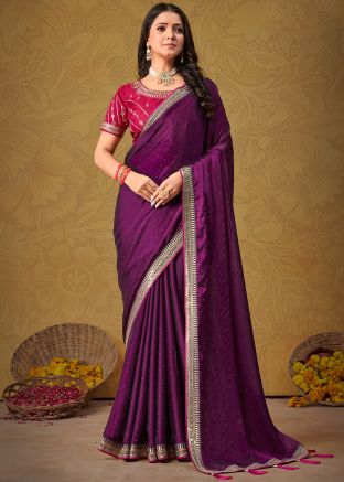 Purple Embroidered Saree In Art Silk