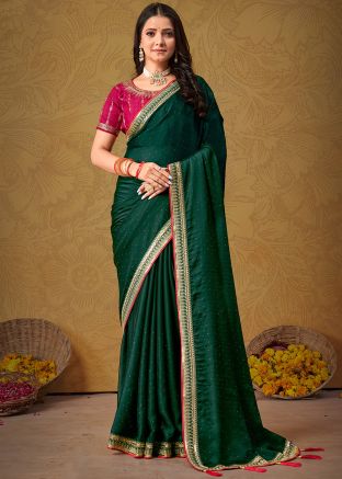 Green Stone Embellished Saree In Art Silk