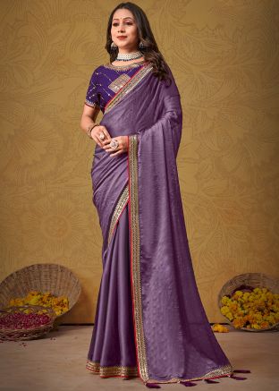 Purple Stone Embellished Saree In Art Silk