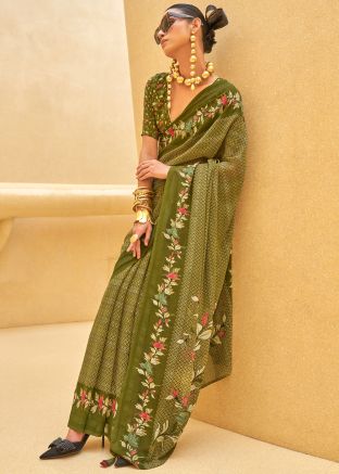 Green Digital Print Saree In Georgette