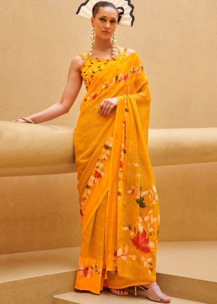 Yellow Digital Printed Saree In Georgette
