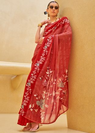 Red Georgette Saree In Digital Print
