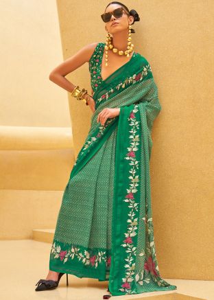 Green Digital Print Saree In Georgette