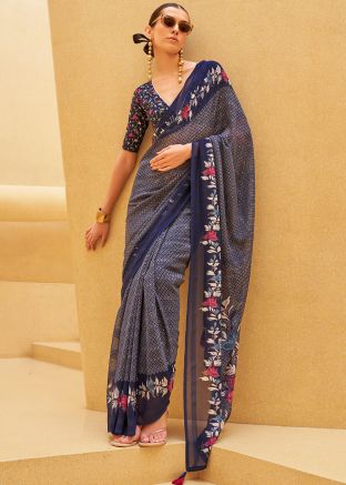 Blue Digital Print Georgette Saree