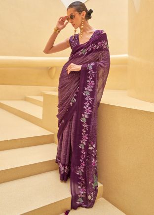 Purple Digital Print Saree In Georgette