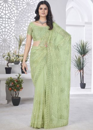 Green Embroidered Net Saree & Blouse