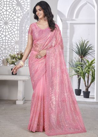 Pink Net Embroidered Saree With Blouse