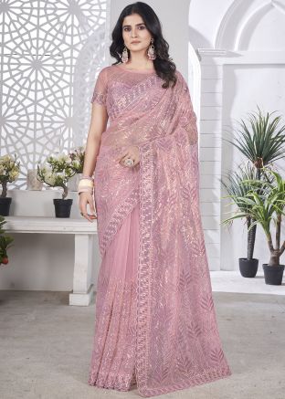 Mauve Purple Net Embroidered Saree With Blouse