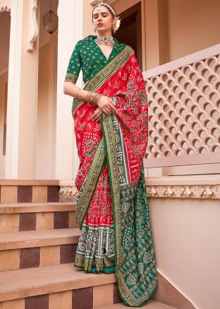 Red Art Silk Saree In Print