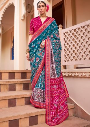 Teal Blue Art Silk Saree In Print