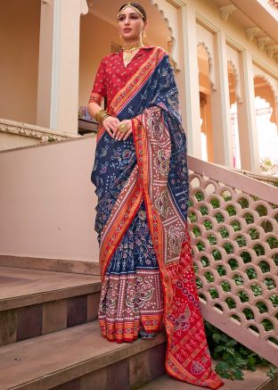 Navy Blue Printed Saree In Art Silk