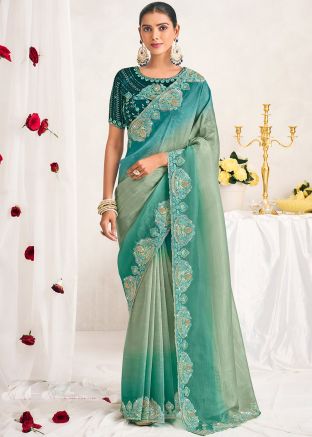 Shaded Blue & Grey Embroidered Saree In Silk