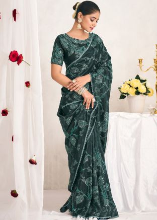 Grey Thread Embroidered Silk Saree