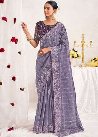 Purple Embroidered Silk Saree With Blouse