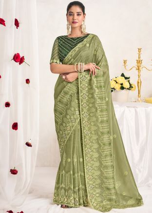 Green Embroidered Saree In Silk