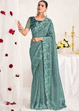 Grey Silk Thread Embroidered Saree