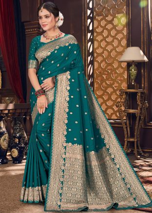 Teal Green Silk Saree In Zari Woven